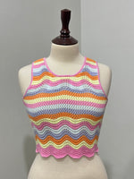 Pink multicolor wavy-stripe sleeveless crop top with scalloped hem