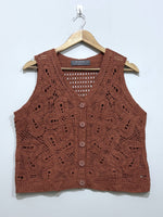 Rust brown floral crochet sleeveless vest with V-neckline and button front
