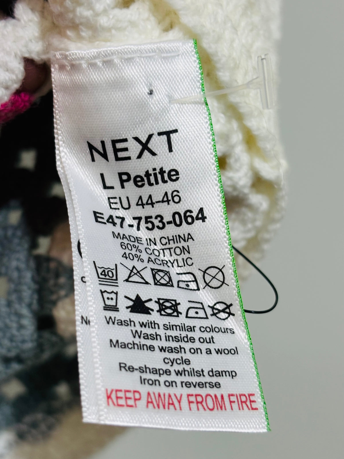 NEXT label showing L Petite EU 44-46 and 60% cotton 40% acrylic
