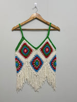 White and Multicolor Floral Crochet Fringe-Hem Strappy Top