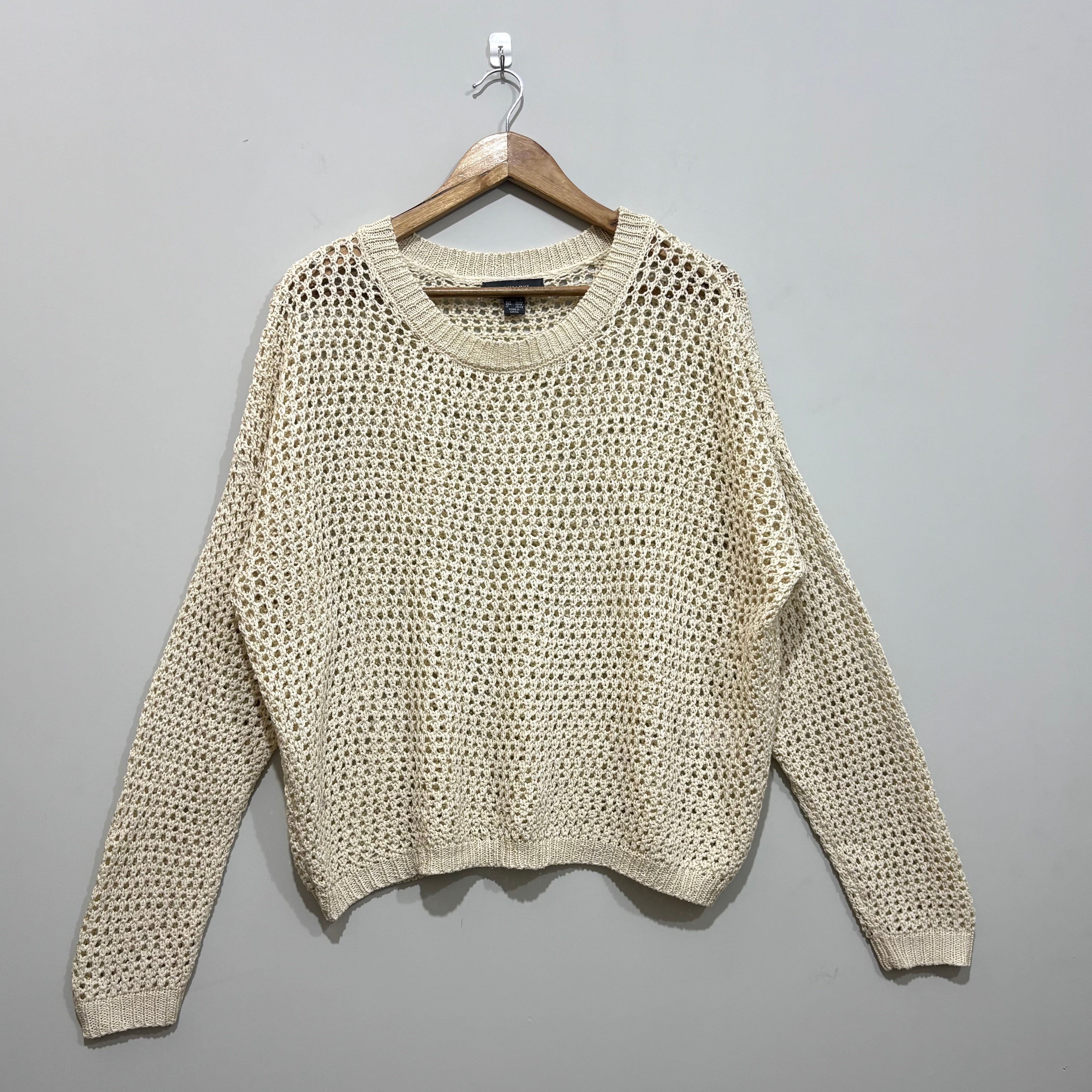 Cream openwork drop-shoulder long-sleeve sweater with ribbed edges