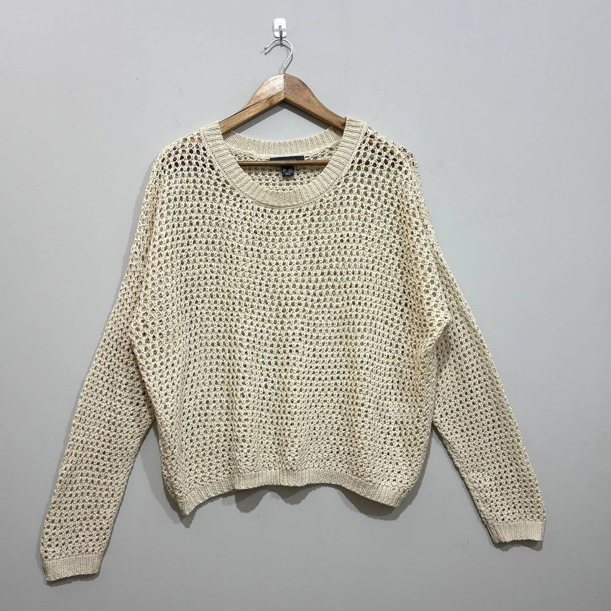 Cream openwork drop-shoulder long-sleeve sweater with ribbed edges