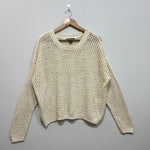 Cream openwork drop-shoulder long-sleeve sweater with ribbed edges