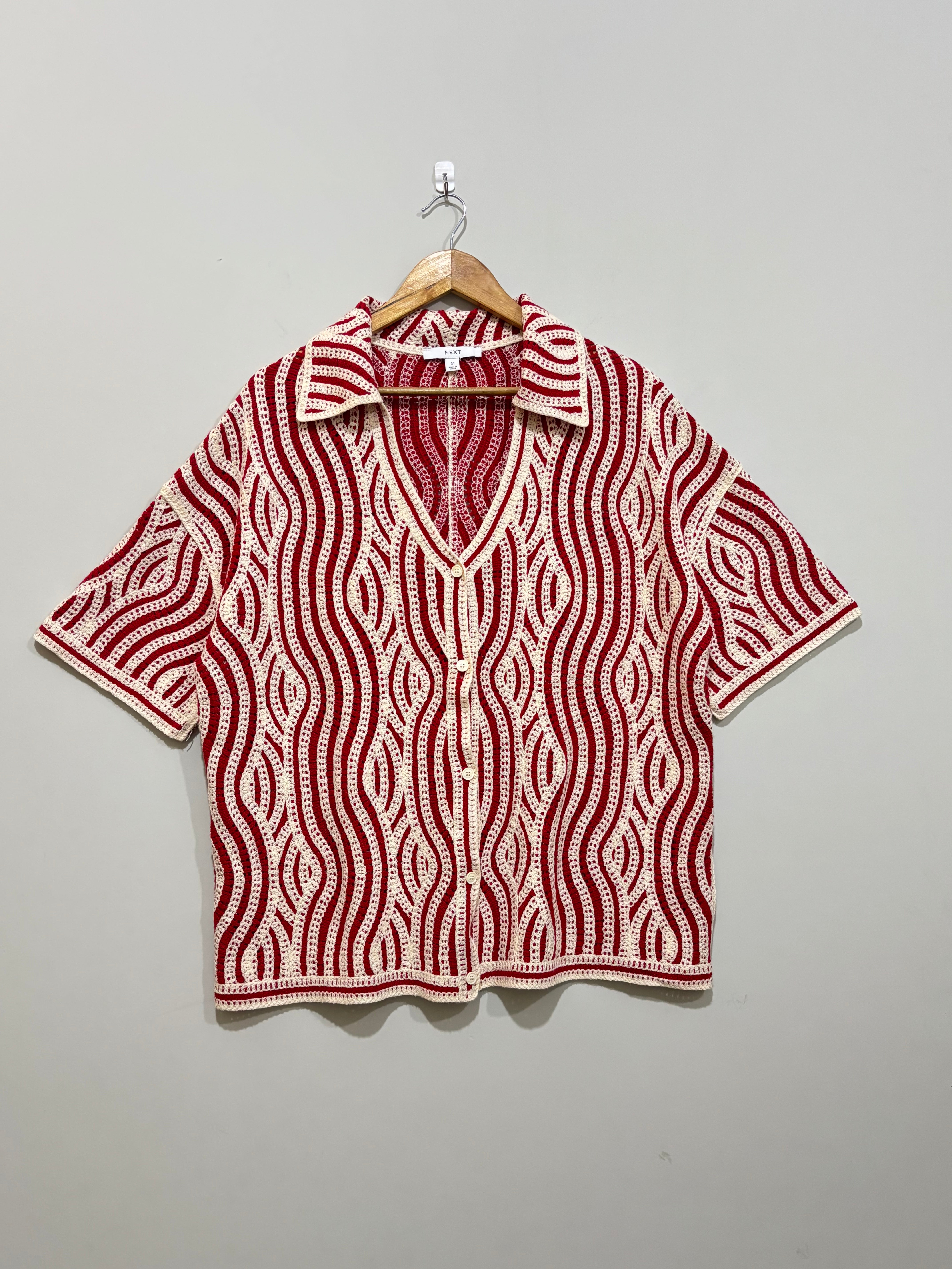 Red and cream wavy-stripe collared button-front shirt with dropped shoulders and short sleeves