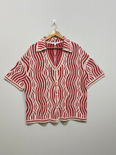 Red and cream wavy-stripe collared button-front shirt with dropped shoulders and short sleeves
