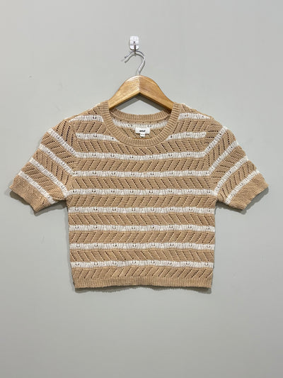 Beige and white striped openwork short-sleeve crop top with ribbed edges