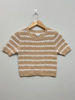 Beige and white striped openwork short-sleeve crop top with ribbed edges