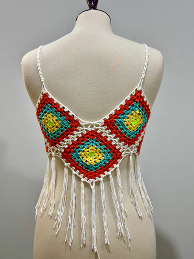 Back of multicolor crochet crop top showing white fringe - alternate view