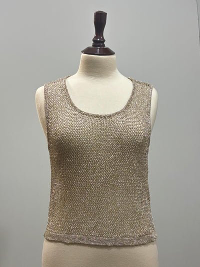 Gold shimmer openwork sleeveless top with scoop neckline