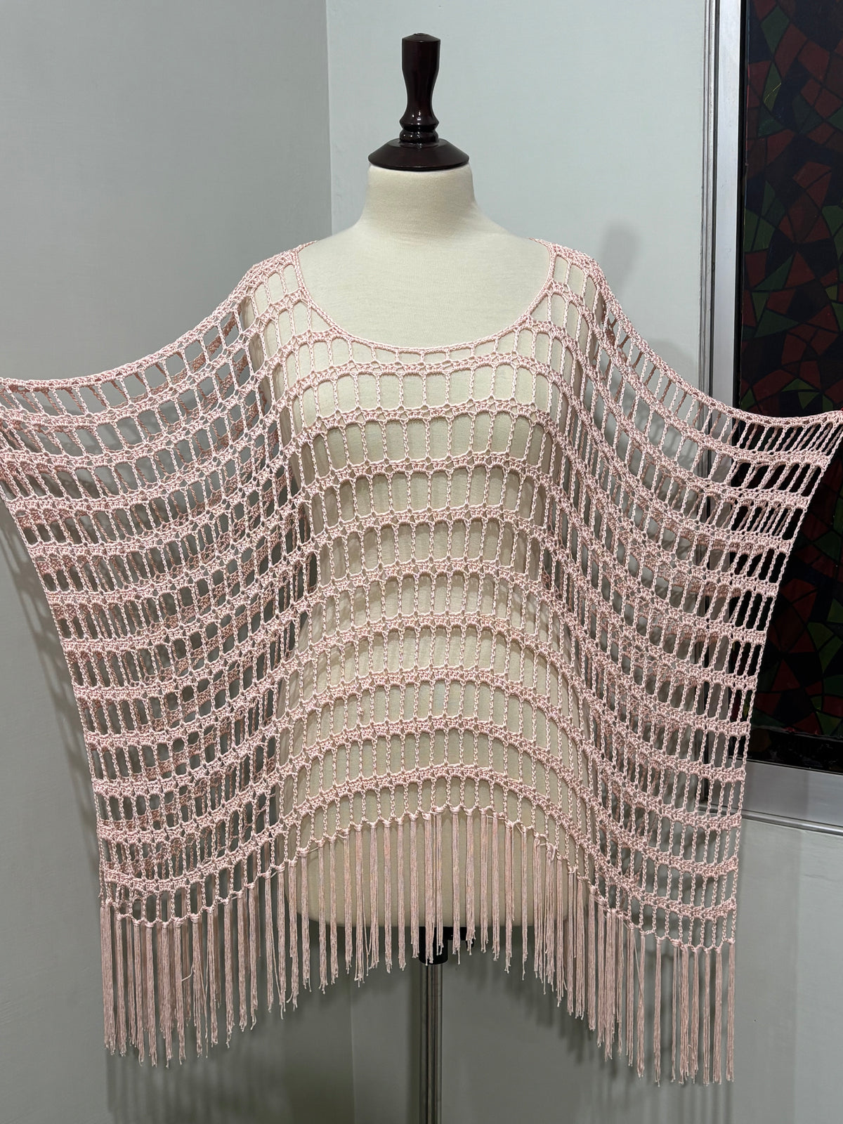 Blush Pink Openwork Scoop-Neck Fringe-Hem Poncho
