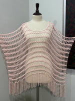 Blush Pink Openwork Scoop-Neck Fringe-Hem Poncho