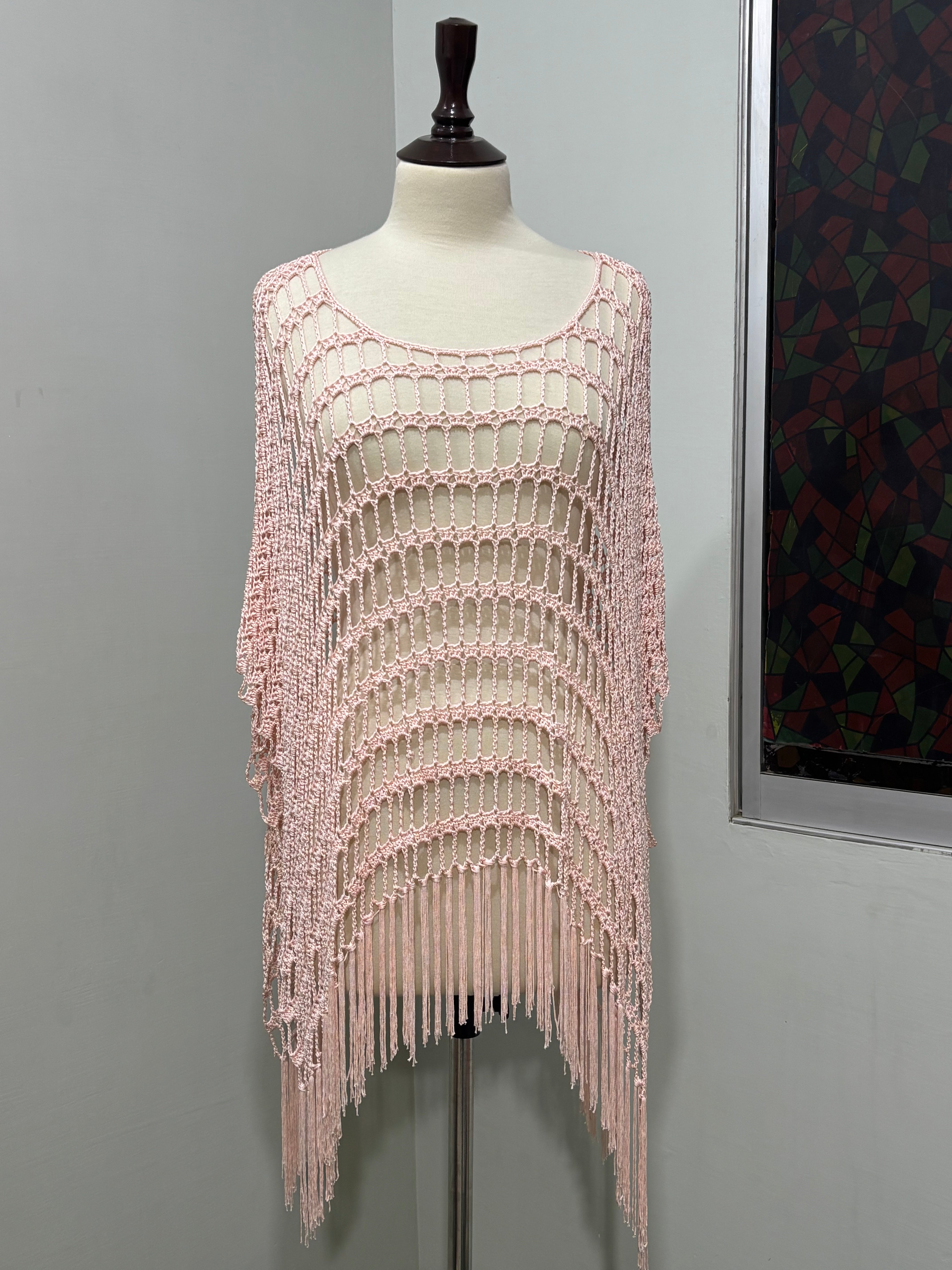 Blush Pink Openwork Scoop-Neck Fringe-Hem Poncho