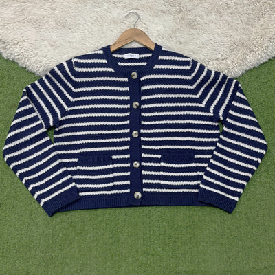 Navy and white horizontally striped round-neck cardigan with five contrast buttons, two patch pockets, long sleeves and navy ribbed trims.