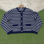 Navy and white horizontally striped round-neck cardigan with five contrast buttons, two patch pockets, long sleeves and navy ribbed trims.