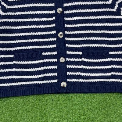 Navy and White Striped Round-Neck Pocket Cardigan - alternate view