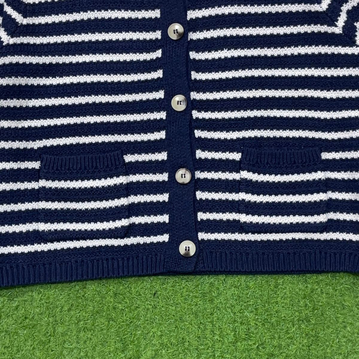 Navy and White Striped Round-Neck Pocket Cardigan