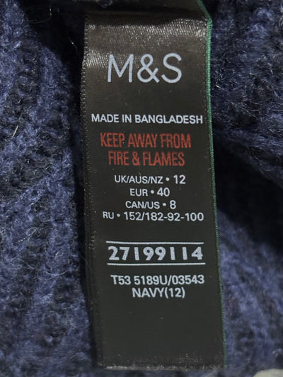 M&S navy cardigan label showing UK/AUS/NZ 12, EUR 40 and CAN/US 8. - alternate view