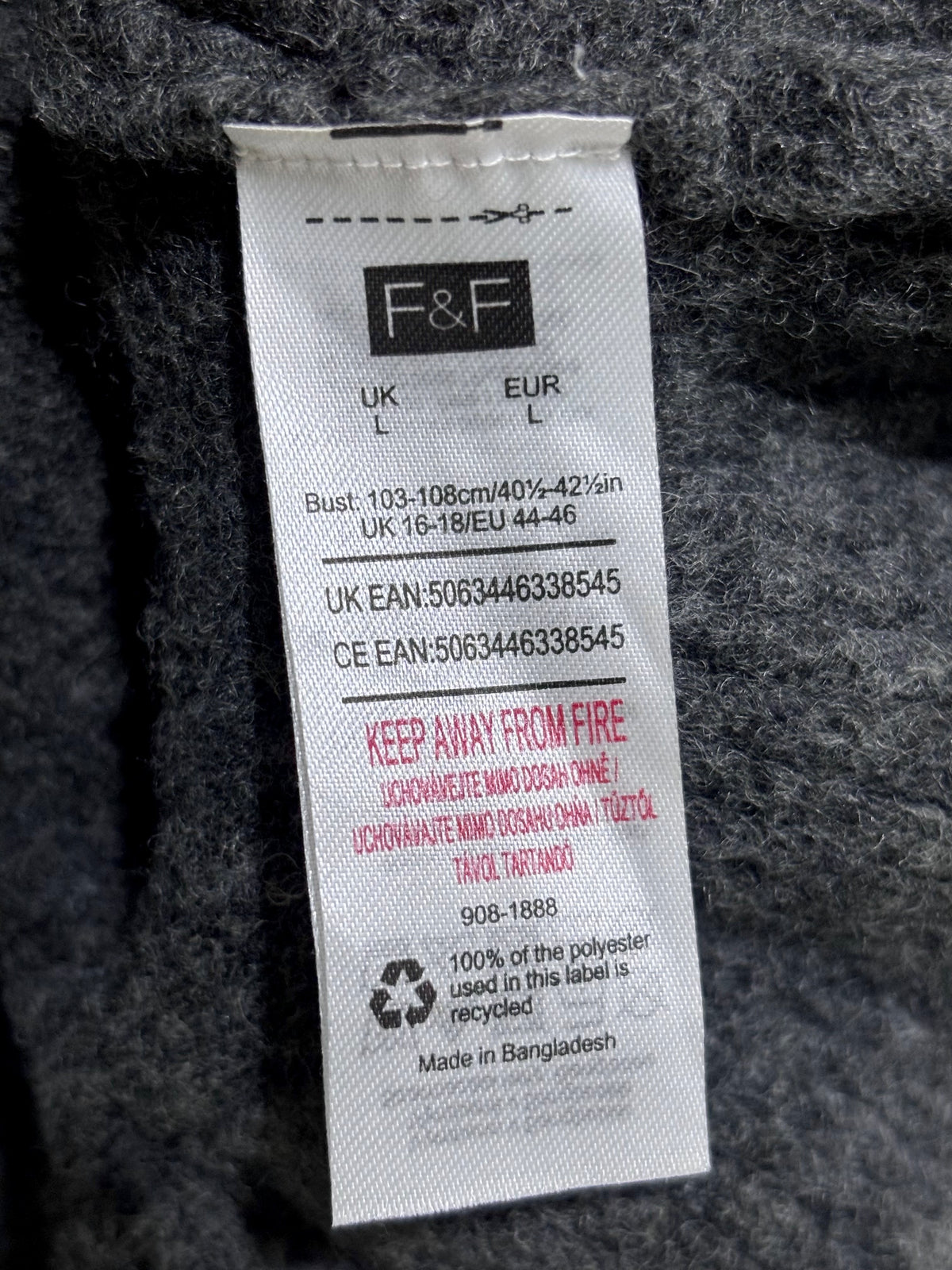 F&F cardigan label showing size L, UK 16–18 and EU 44–46.