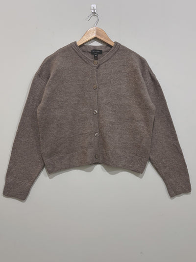 Taupe button-front cardigan with a round neckline, dropped shoulders, long sleeves and ribbed cuffs and hem.
