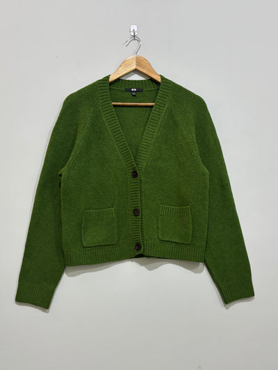 Olive green V-neck cardigan with three front buttons, two patch pockets, long sleeves and ribbed trims.