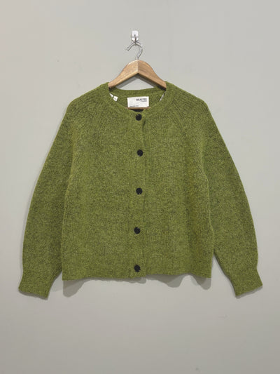 Olive green round-neck cardigan with five dark front buttons, long sleeves and ribbed trims on a wooden hanger.
