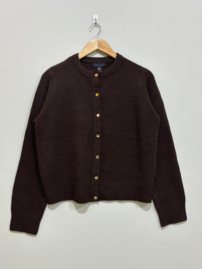 Dark brown round-neck cardigan with gold-tone front buttons, long sleeves and ribbed cuffs and hem.