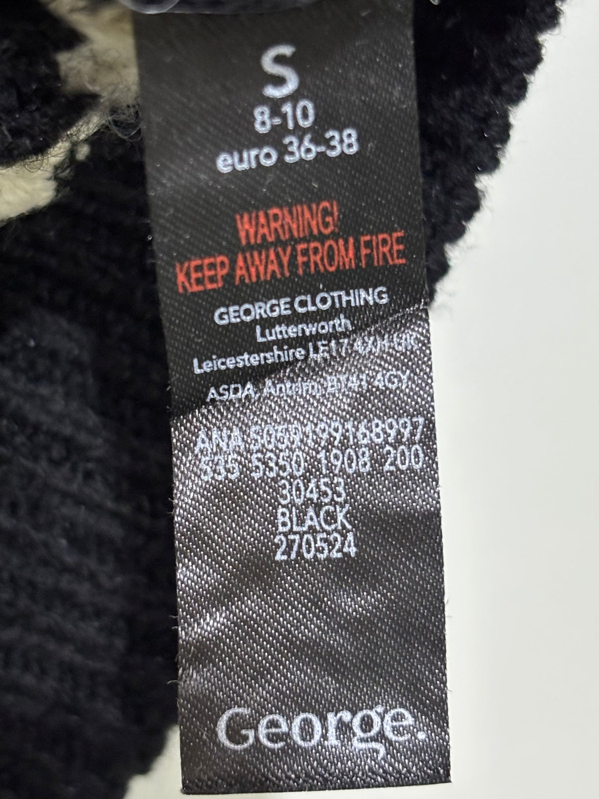 George clothing label showing size S, UK 8–10 and EUR 36–38.
