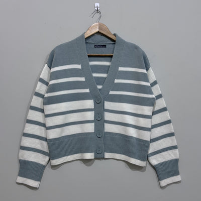 Sage green and white striped V-neck cardigan with dropped shoulders, four matching buttons, long sleeves and ribbed cuffs and hem.