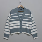 Sage green and white striped V-neck cardigan with dropped shoulders, four matching buttons, long sleeves and ribbed cuffs and hem.
