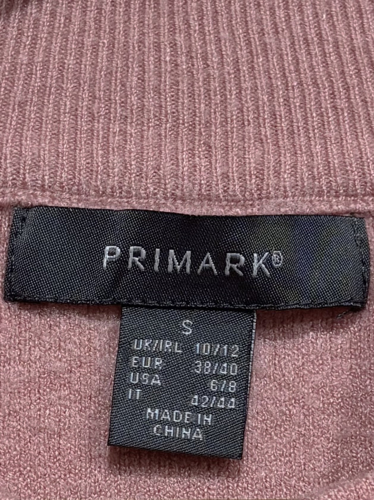 Primark label showing size S, UK/IRL 10/12 and EUR 38/40.