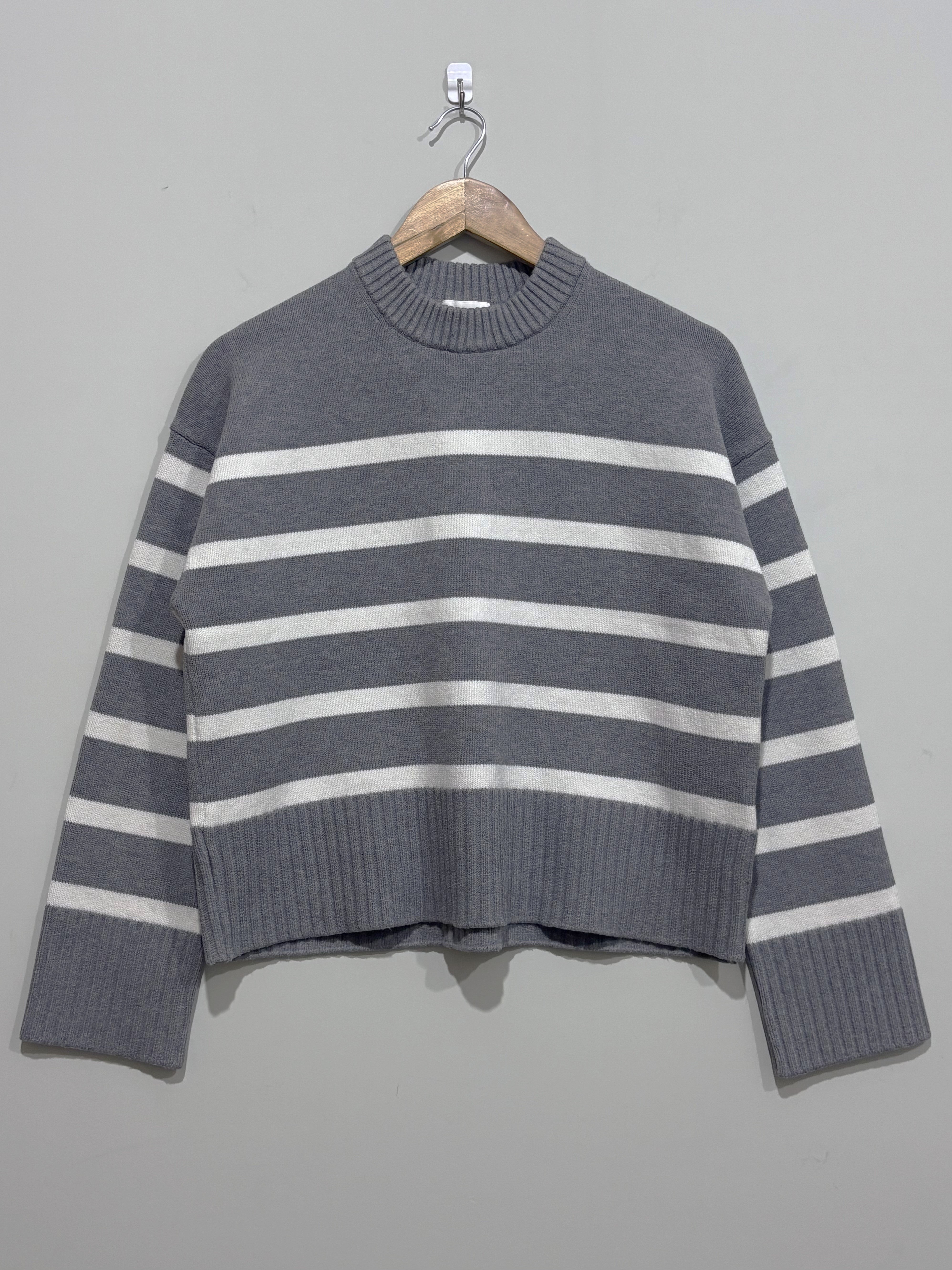 Grey and white horizontally striped crew-neck blouse with dropped shoulders, long sleeves and deep ribbed cuffs and hem.