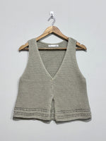 Sage green textured V-neck button-front sleeveless vest with openwork hem