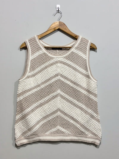 Taupe and cream chevron open-knit sleeveless vest with rounded neckline