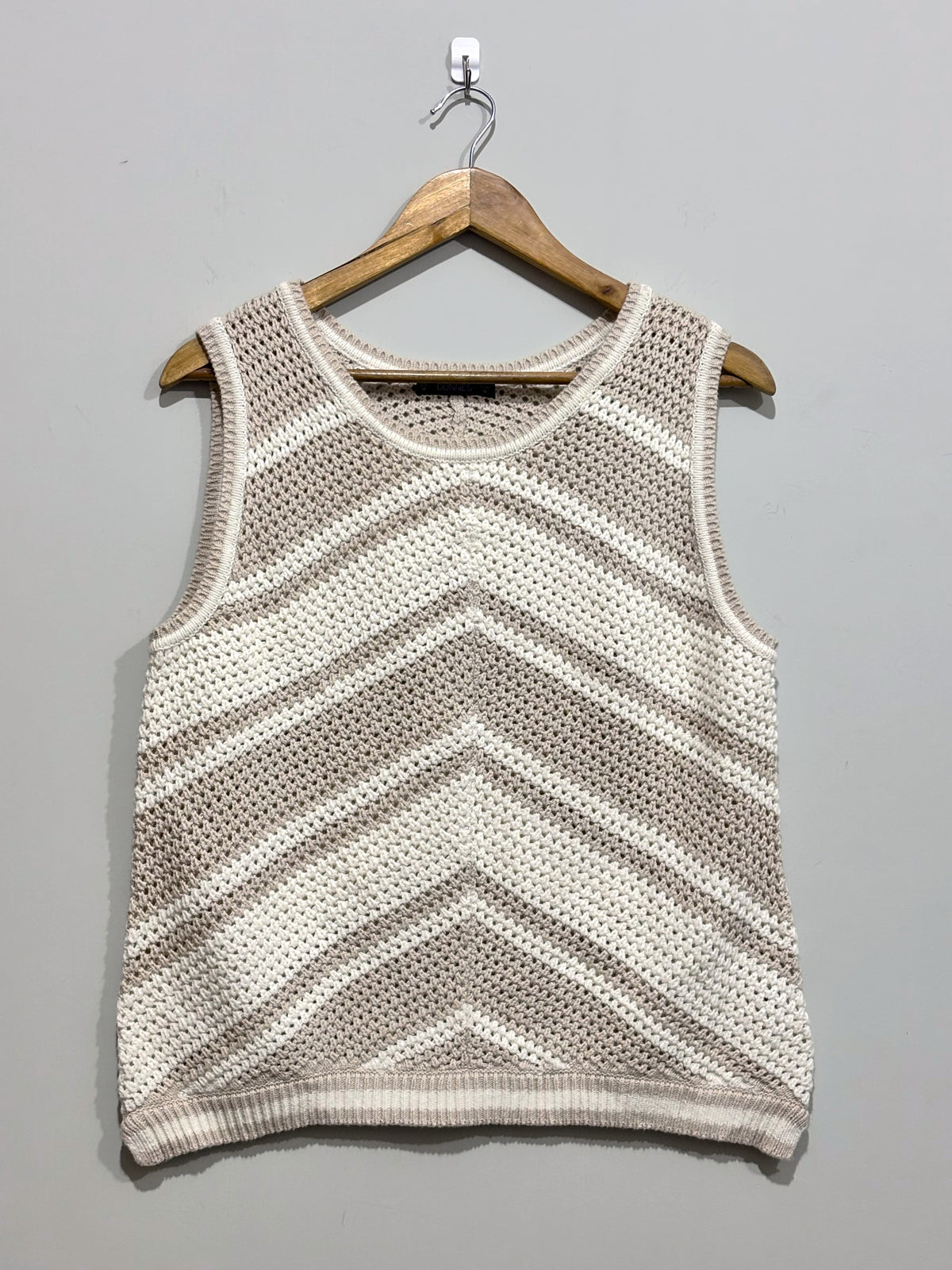 Taupe and cream chevron open-knit sleeveless vest with rounded neckline