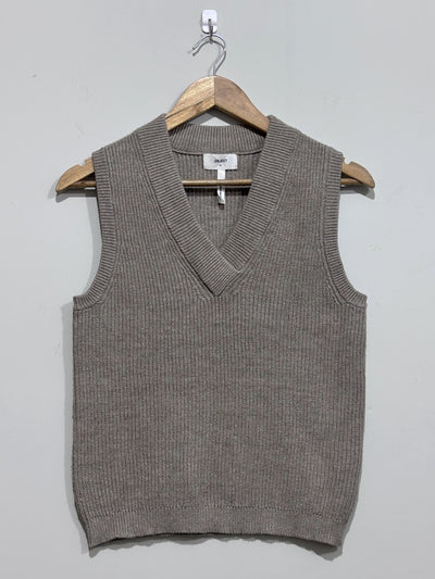 Taupe textured sleeveless sweater vest with a deep V-neck and ribbed edging