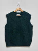 Dark green textured crew-neck sleeveless sweater vest with ribbed trim