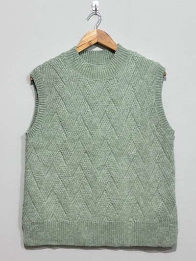 Pale jade chevron-textured crew-neck sweater vest with ribbed edging