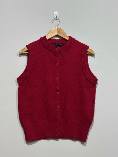 Red round-neck sleeveless button-front sweater vest on a hanger