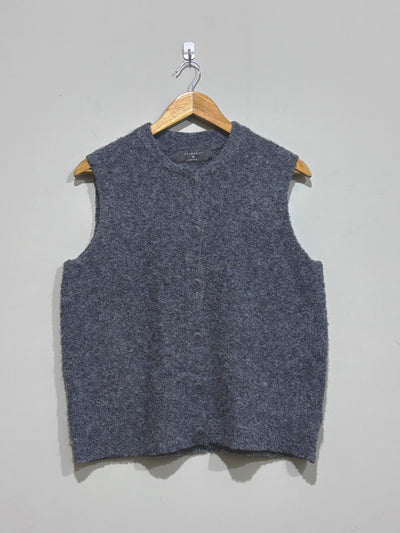 Grey textured sleeveless round-neck sweater vest with button-front fastening