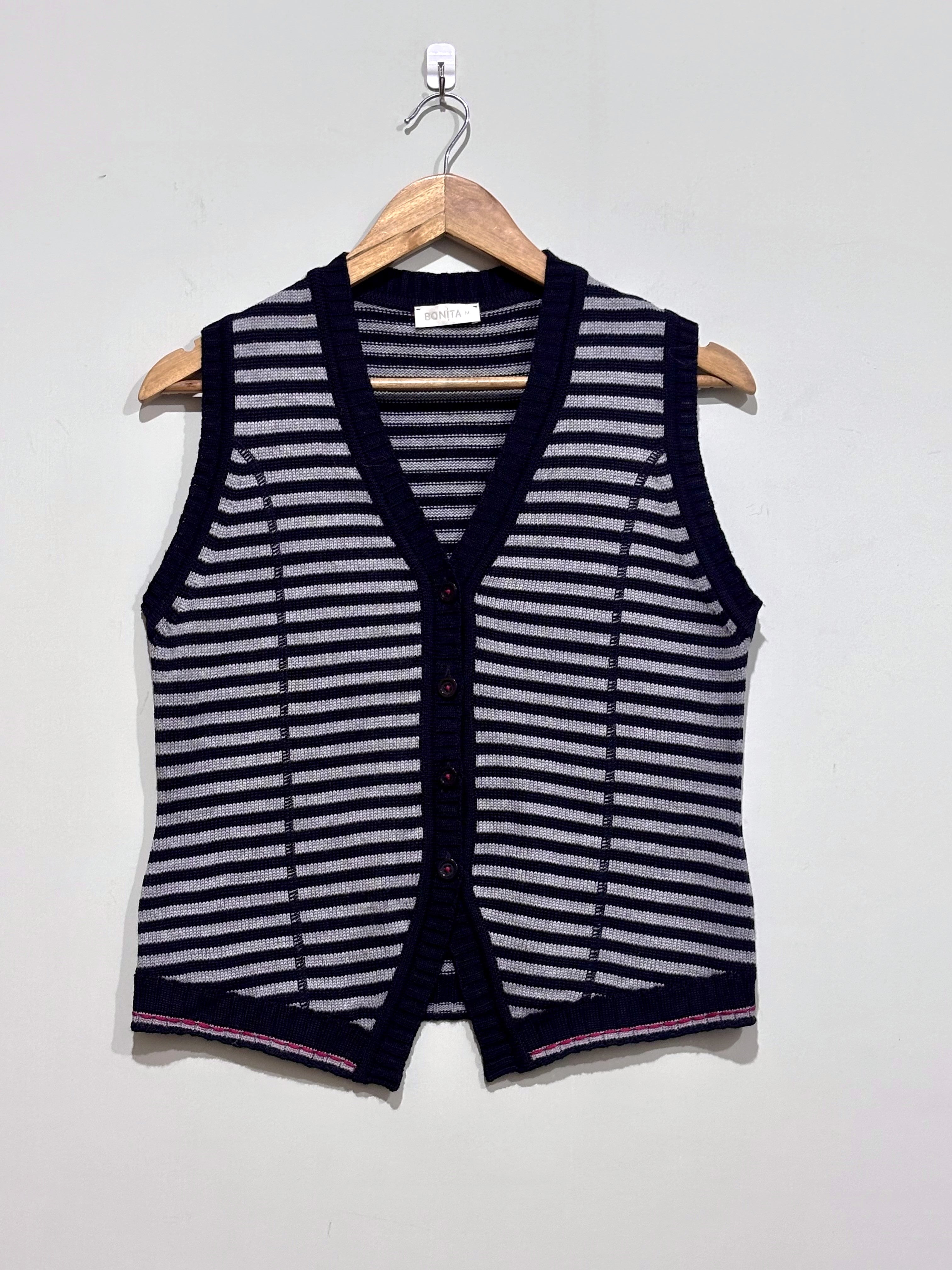 Navy blue and grey striped V-neck button-front sweater vest with front pockets