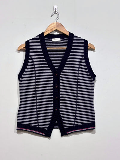 Navy blue and grey striped V-neck button-front sweater vest with front pockets