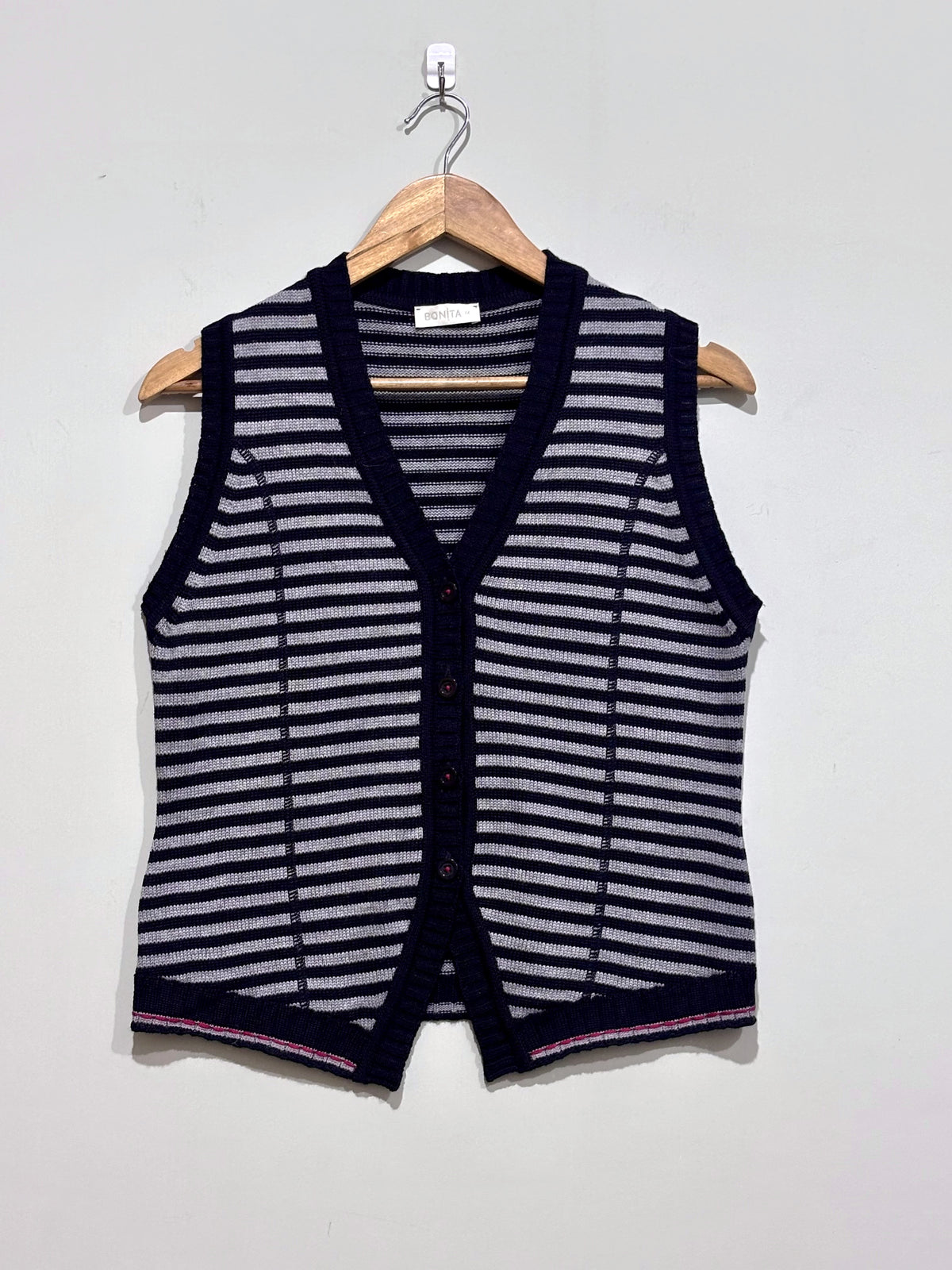 Navy blue and grey striped V-neck button-front sweater vest with front pockets
