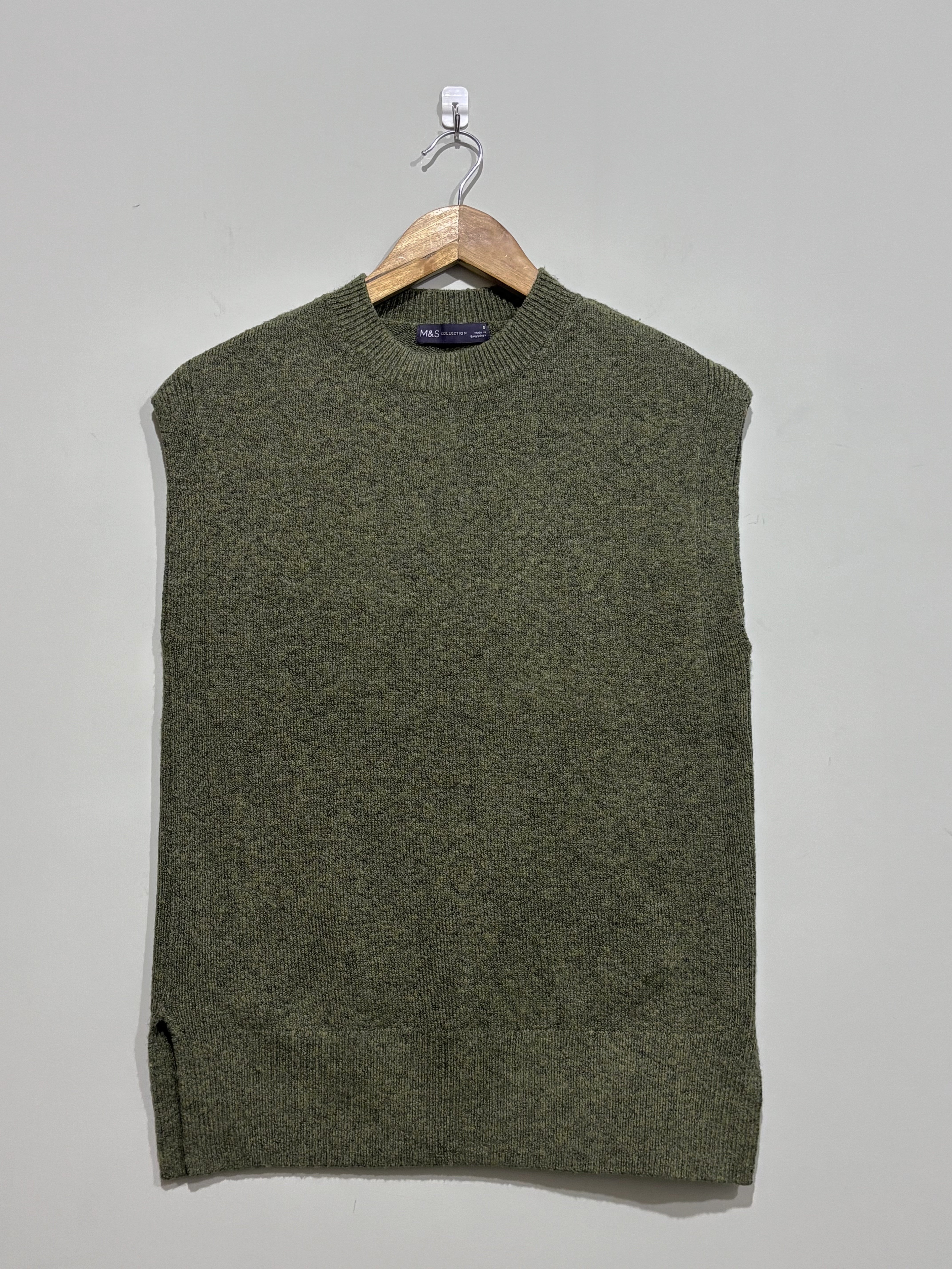 Dark khaki sleeveless crew-neck sweater vest with ribbed trim and side-slit hem