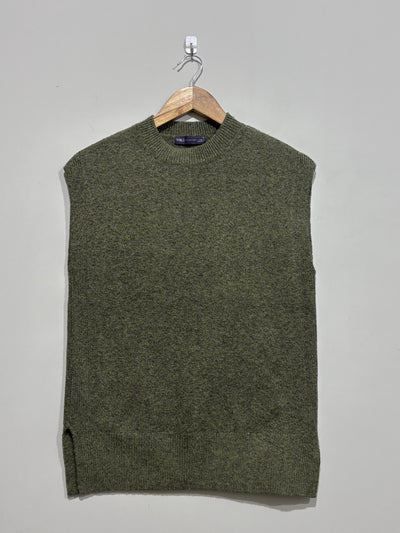 Dark khaki sleeveless crew-neck sweater vest with ribbed trim and side-slit hem