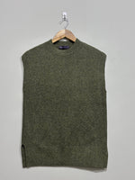 Dark khaki sleeveless crew-neck sweater vest with ribbed trim and side-slit hem