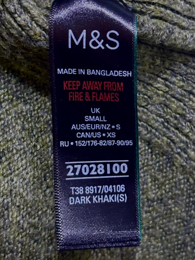 M&S label showing UK Small size and Dark Khaki color - alternate view