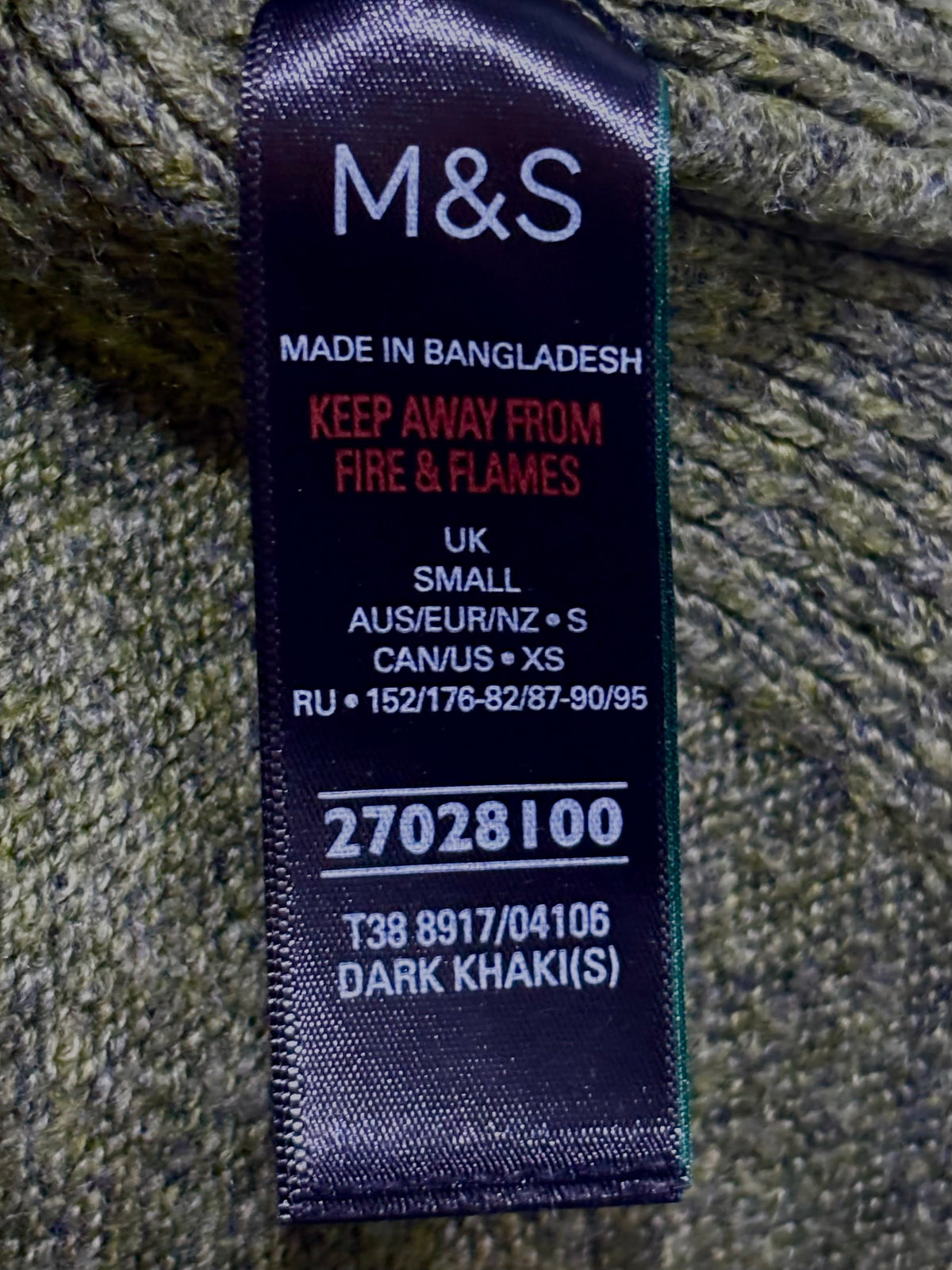 M&S label showing UK Small size and Dark Khaki color