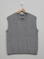 Grey cable-knit crew-neck sleeveless sweater vest with ribbed trim