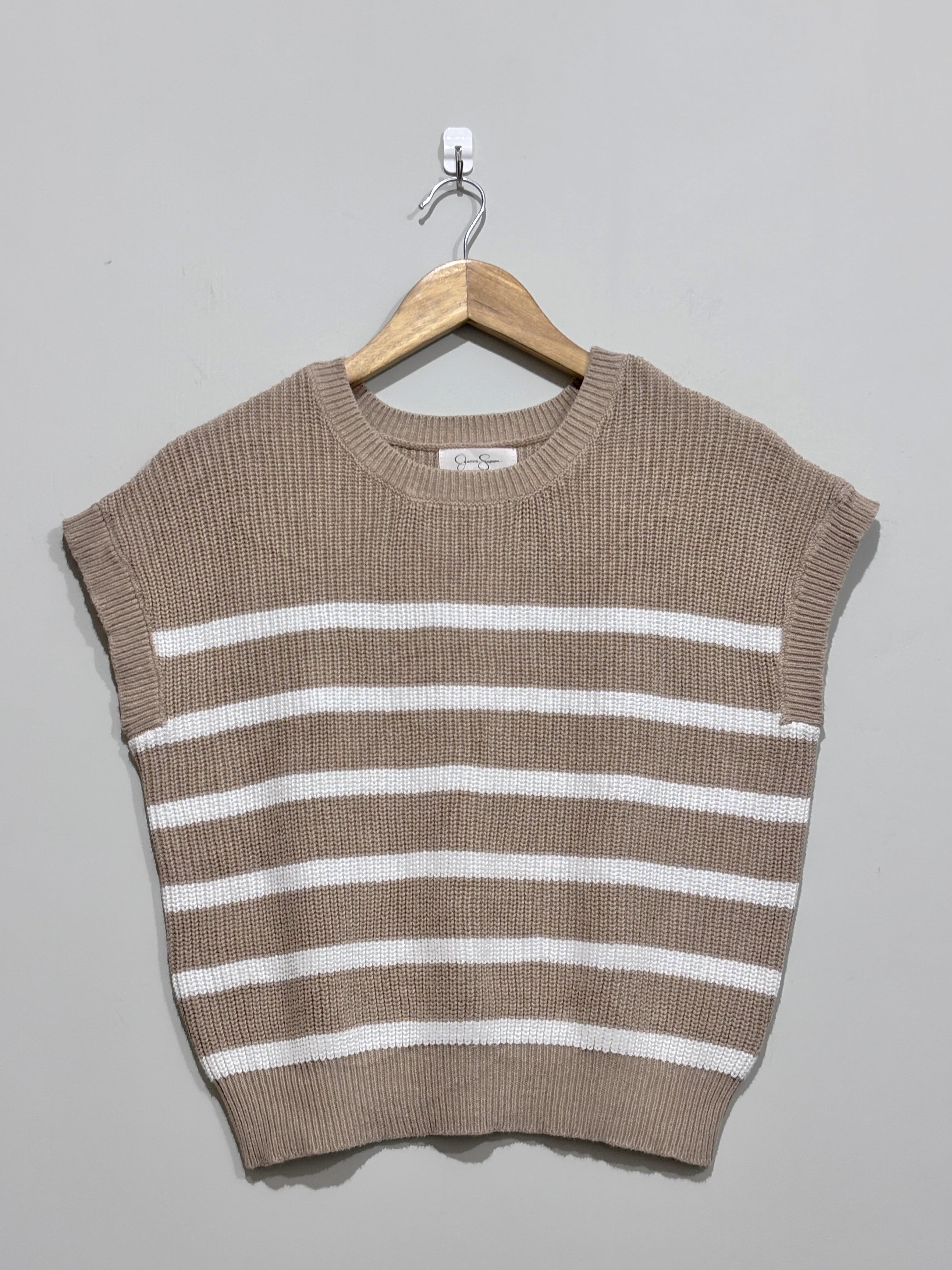 Taupe and white horizontal striped crew-neck sweater vest with wide shoulders