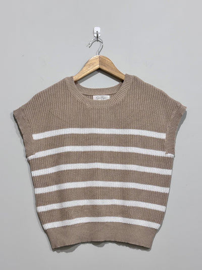 Taupe and white horizontal striped crew-neck sweater vest with wide shoulders